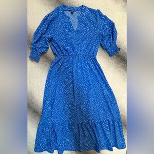(B3) SHEIN Blue‎ Polka Dot Ruffle 3/4 Puff Sleeve Dainty Midi Dress M 6